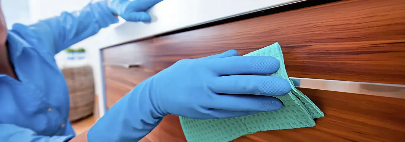 Cleaner wearing blue gloves wiping a wooden cabinet drawer with a microfiber cloth for dust and grime removal, Pueblo, CO.