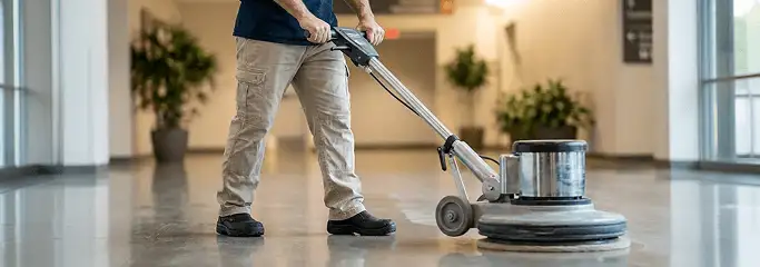 Professional technician using an industrial floor buffer to polish and maintain shiny commercial flooring in a corporate hallway in Pueblo, CO.