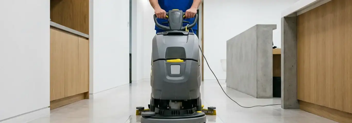 Janitorial staff using a floor scrubber machine to clean a commercial hallway, Pueblo, CO.