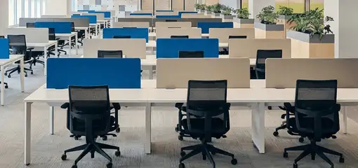 Modern open-plan office space featuring clean workstations, ergonomic chairs, and sanitized carpets provided by professional office cleaning services in Pueblo, CO.