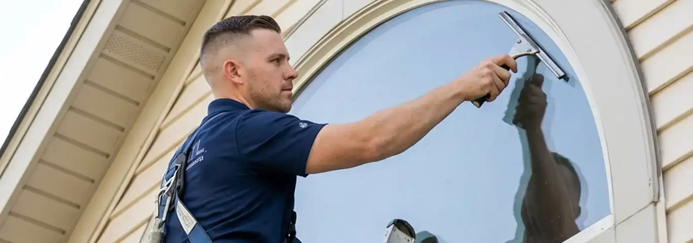 Professional window cleaner using a squeegee to clean an exterior arched window on a home, Pueblo, CO.