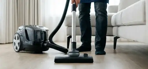 Professional house cleaner vacuuming a living room floor with a canister vacuum cleaner, Pueblo, CO.
