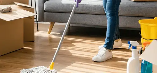 Move-out cleaning setup with a cleaner mopping hardwood floors near moving boxes and cleaning supplies, Pueblo, CO.