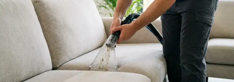 Technician extracting dirt and moisture from a fabric sofa with an upholstery cleaning wand, Pueblo, CO.