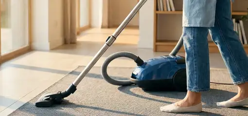 Person vacuuming a living room rug with a canister vacuum cleaner near large windows, Pueblo, CO.